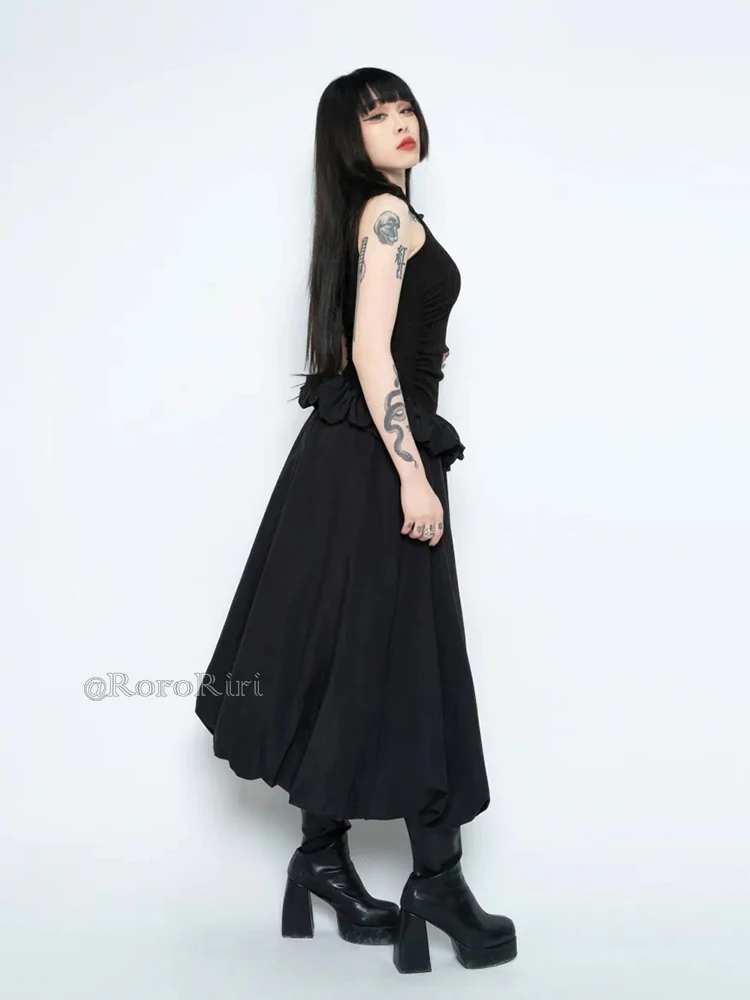 RORORIRI Retro Stitch Rib Knit Black Dress Women Sleeveless Cut-out Ruffle Puffy Solid One-piece Long Dress Neo-Chinese Clothes