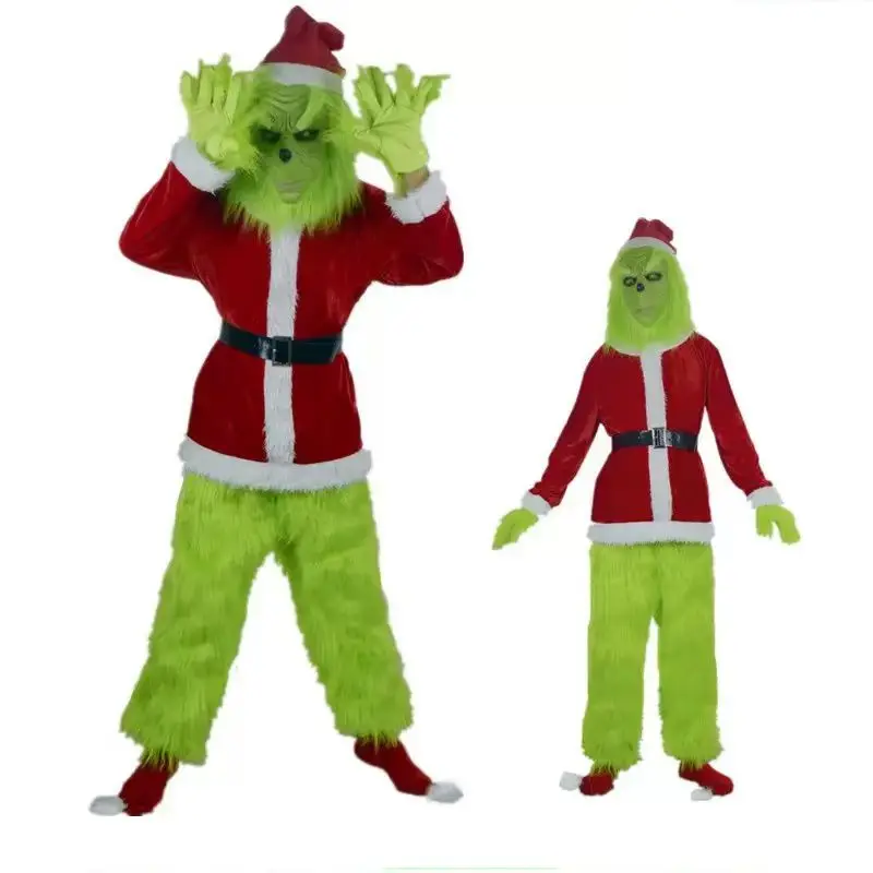 Merry Christmas Grinch Cosplay Costumes Green Thief Plush Mask Pants Gloves Red Santa Claus Hat Tops Socks Holiday Set Xmas Gift