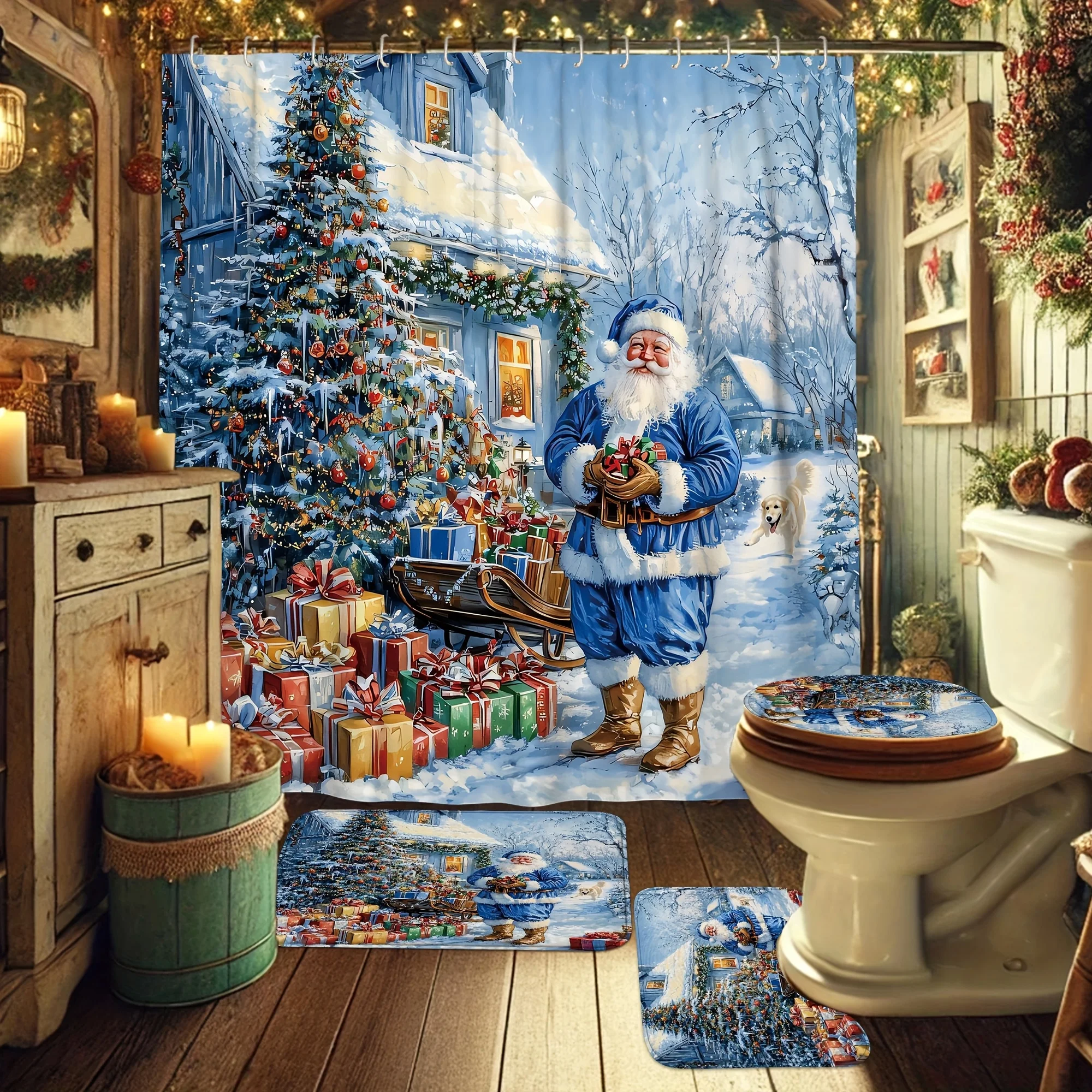 4Pcs Xmas Shower Set,Santa Tree Dog House,Winter Scene,Green White Blue,Holiday Bath Decor,12 Hooks,Non-Slip Mat, U-Shaped Cover