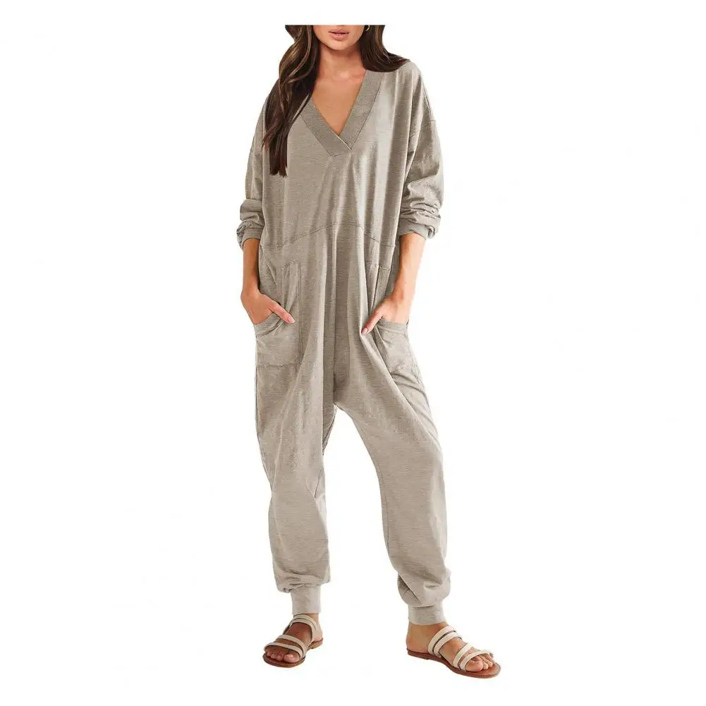 Women Jumpsuit V Neck Long Sleeve Loose Oversized Pockets Deep Crotch Baggy Ankle-banded Soft Lady Pajama