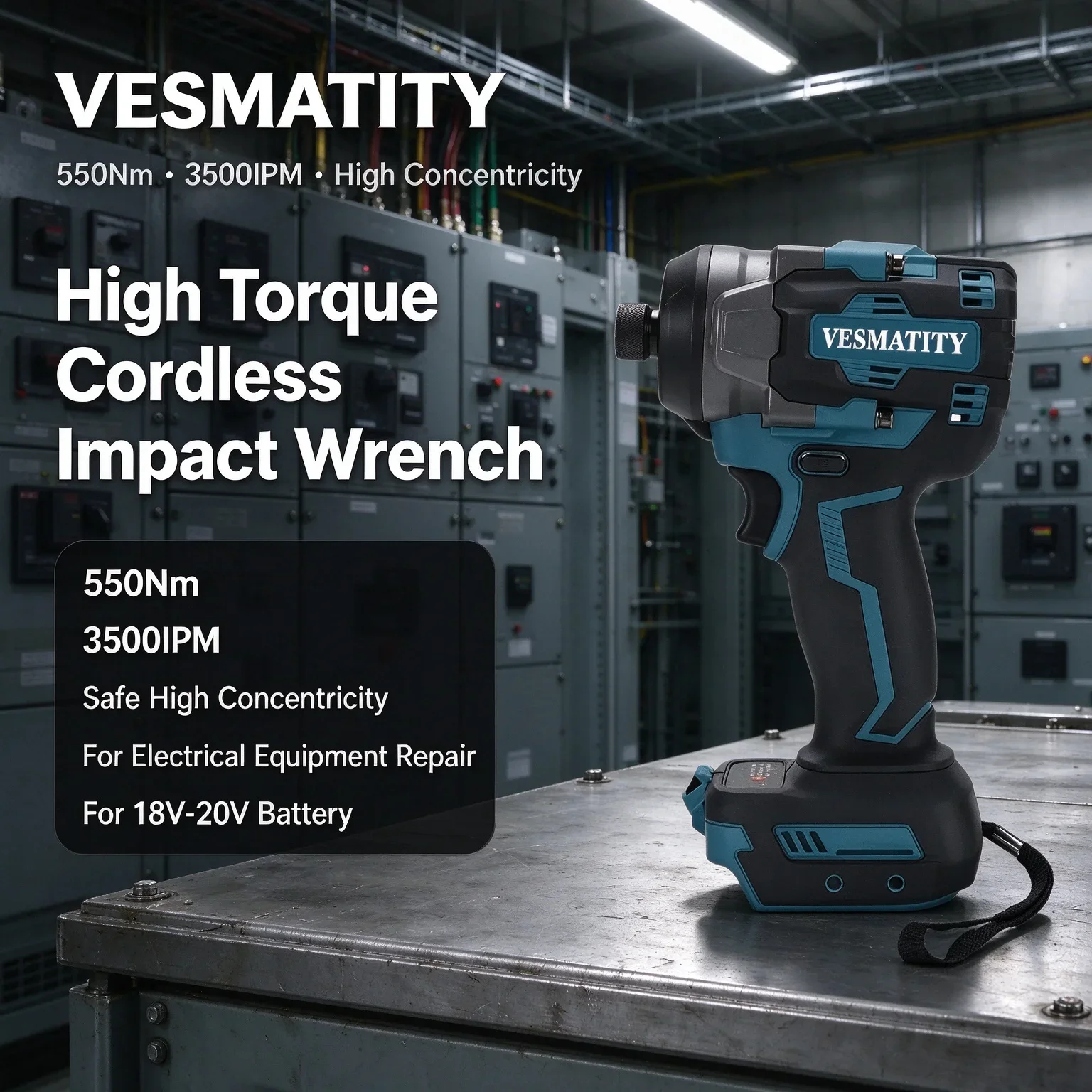 High Torque Cordless Impact Wrench 550Nm 3500IPM Safe High Concentricity for Electrical Equipment Repair For 18V-20V Battery