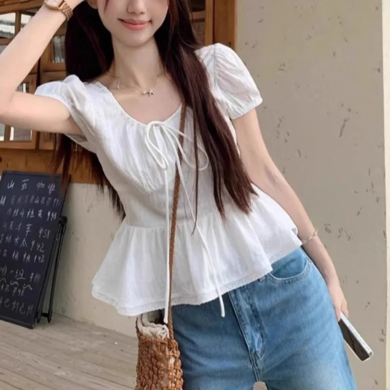 Sweet French-style Lace-up Puffed-sleeve Shirt for Women's Summer White Top That Makes You Look Younger  Slimmer Lace Pure Color