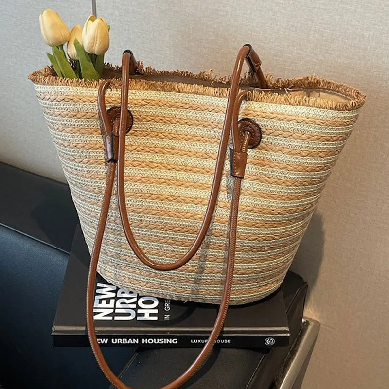 

French-style Woven Straw Tote Bag: Large Capacity Striped Beach Bag, Boho Picnic Basket Purse for Women, Perfect for Vacation