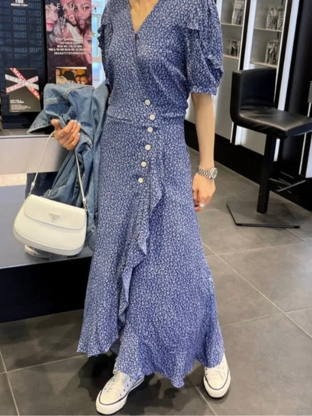 Ele Vintage Floral Dr Chic V-Ne Schlankheitsender einteiliger langer Rock ort Sve Damen Faion Summer Chinese Sle