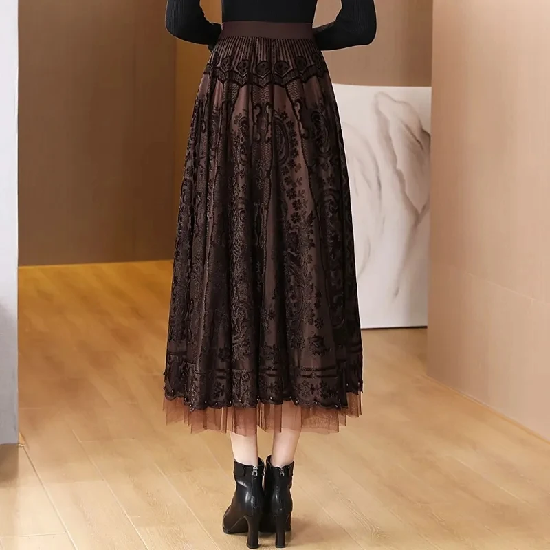 

2024 New Elegant Mesh Gauze Skirt, Women's Clothing ,Spring Autumn Stylish Elastic High Waist A-line Lace Pleated Skirts, 125