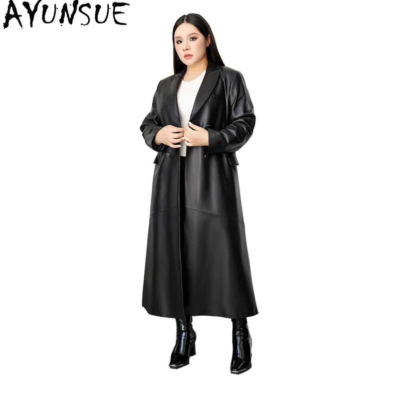 AYUNSUE Natural Sheepskin Genuine Leather Jacket Woman 2025 Long Trench Coat for Women Vintage Autumn Clothes Jaqueta De Couro