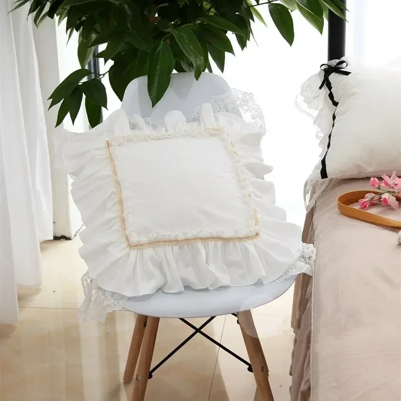 Top Luxury Khaki European Embroidery Cushion Cover Big Ruffle Lace Wrinkle Pillow Cover Cake Layers Princess Bedding Pillowcase