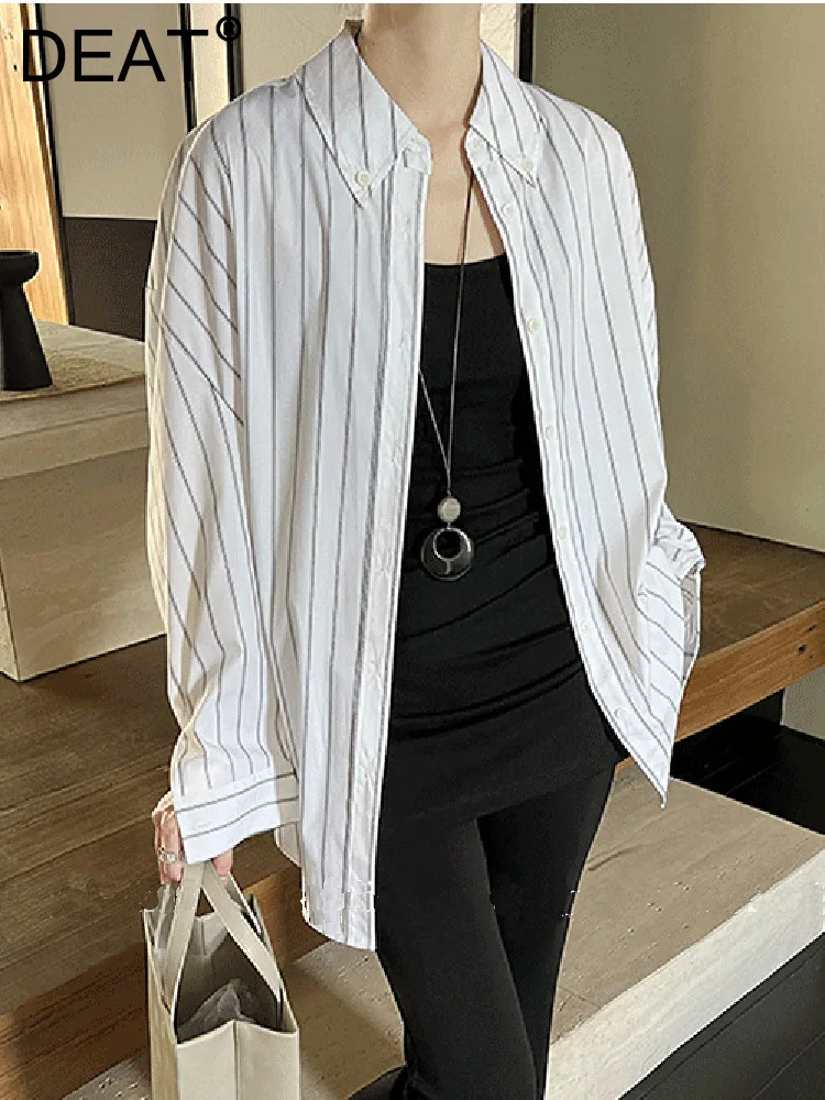 

DEAT Fashion Women's Stripe Shirt Lapel Single Breasted Curved Shoulder Wide Sleeves Loose Blouse Autumn 2024 New Tide 7AB4647