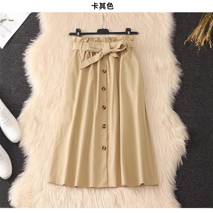 Summer Autumn Skirts Womens Midi Knee Length Korean Elegant Button High Waist Skirt Female Pleated School Skirt