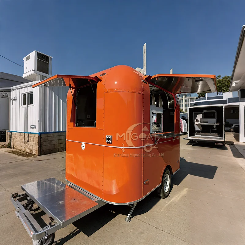 Orange Round Single Axle Stainless Steel Interior Dual Serving Windows Mobile Food Trailer for Street Food and Catering