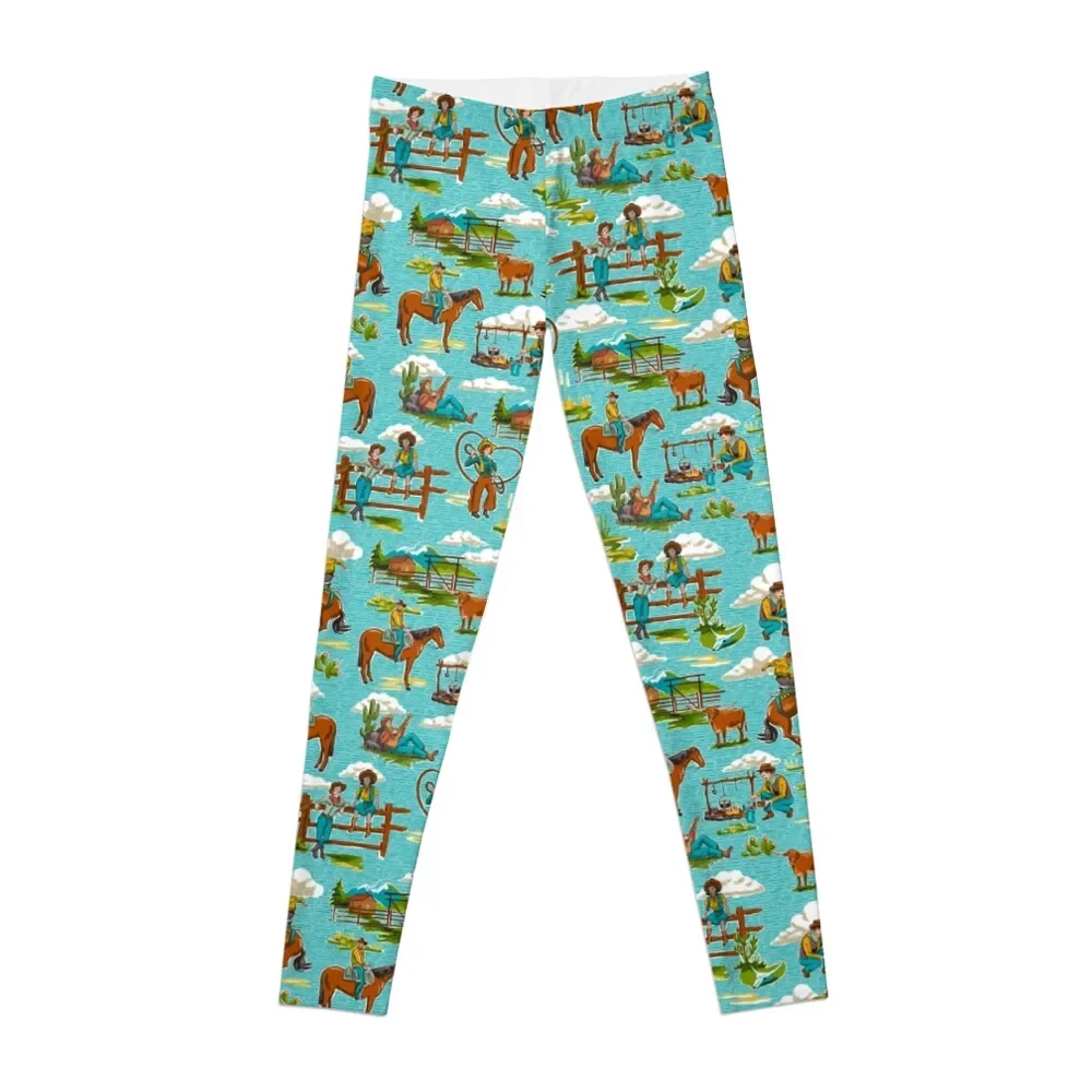

Retro Out West Cowboy and Cowgirl Pattern in Bright Blue Leggings gym pants push up legging Womens Leggings