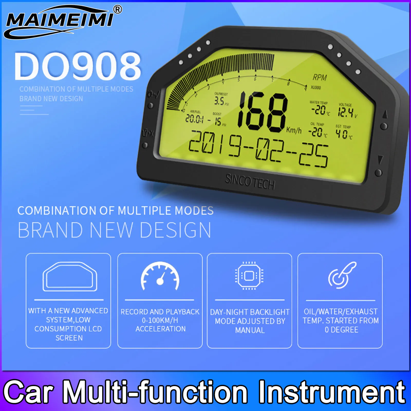 

908 Multi-Function Dashboard LCD Screen Gauge Waterproof Full Sensor Kit Tachometer Speed Time Water Temperature Oil Press Gauge