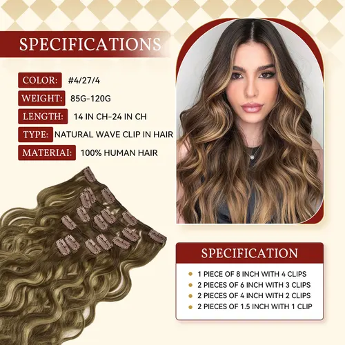 Imagen 2 del producto Clip de onda Natural 12A en extensiones de cabello humano 100% Clip de cabello humano Remy en 120G 7 unids/set cabeza completa para mujeres 14-24 pulgadas
