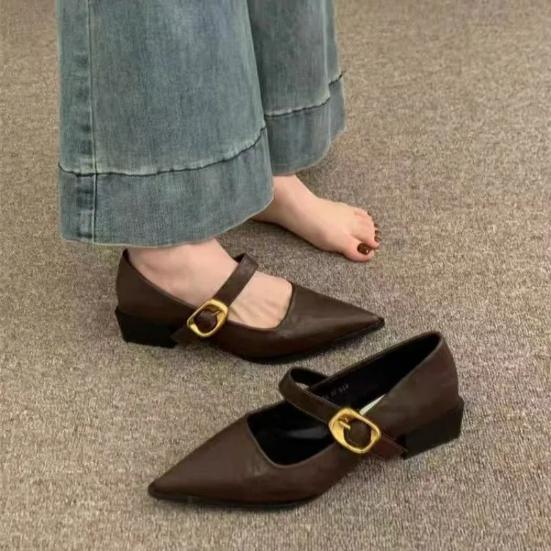 

Retro Mid-length Single Shoes Spring and Summer New Fashion Belt Buckle Pointed Toe Comfortable Shallow Toe Leather Shoes