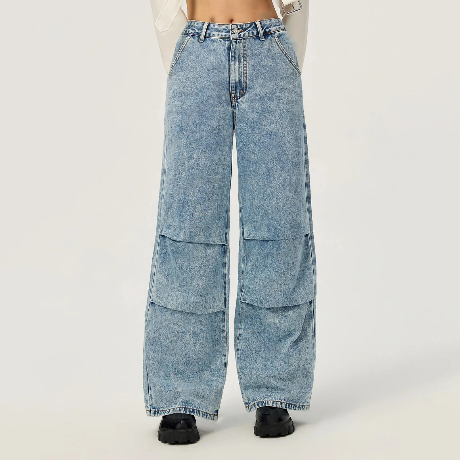 

Женские джинсы-карго с высокой посадкой, модные широкие джинсовые брюки со рюшами, потертые джинсы с несколькими карманами