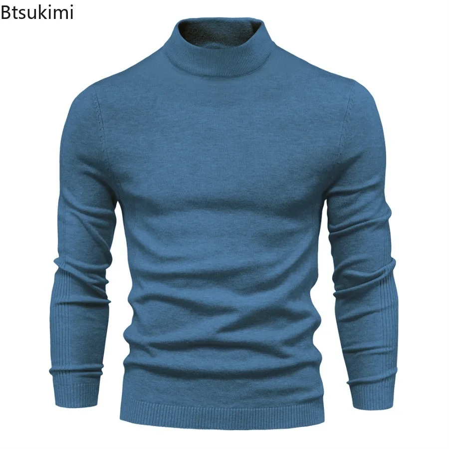 2024 Autumn Winter Men's Knitted Warm Mock Neck Sweaters Solid Long Sleeve Casual Versatile Knit Pullovers Male Sweater Jumpers