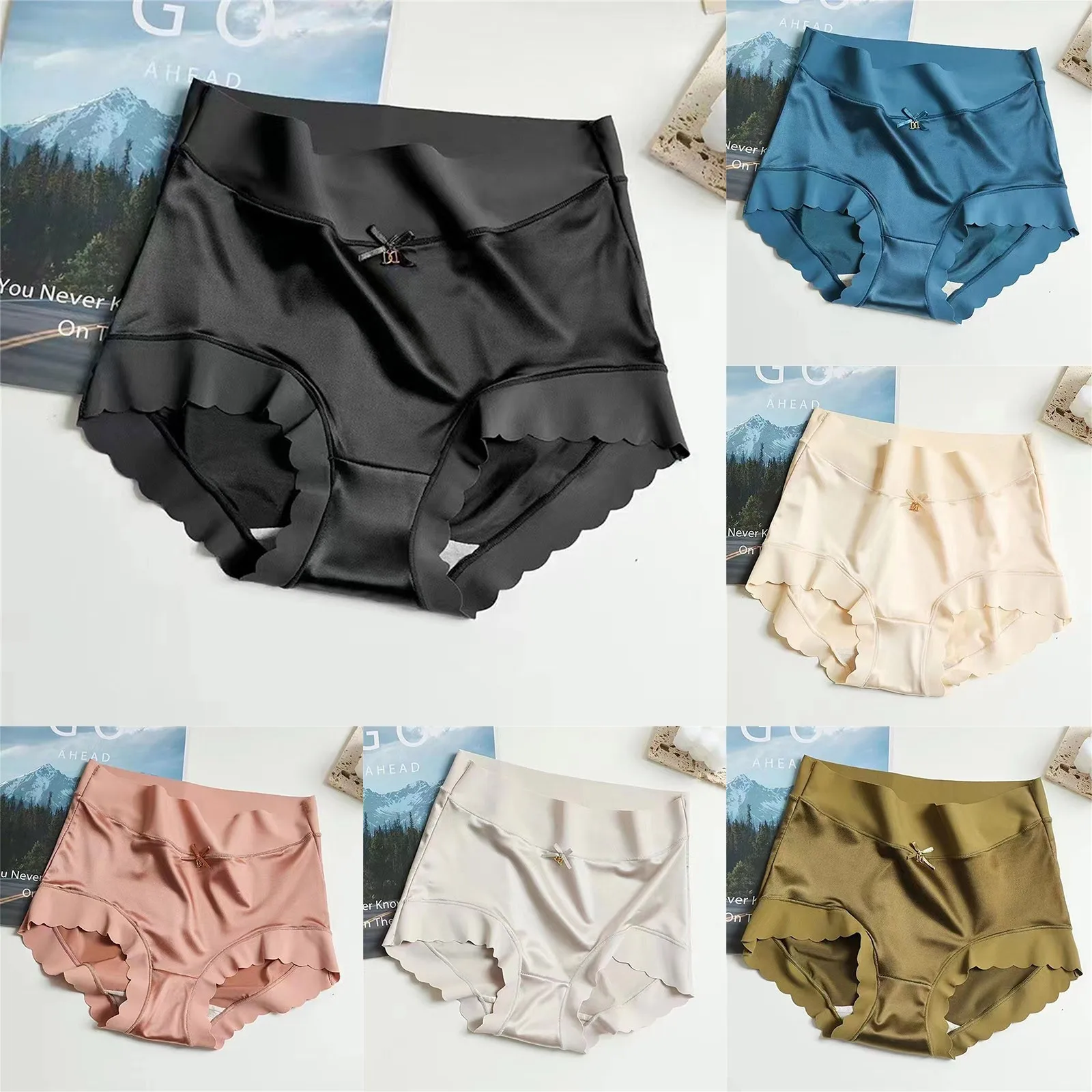 Womens Premium Satin Ice Silk Underpants Smoothy High Waist Panties Seamless Shaping Briefs Bowknot Ruffles Comfy Sleep Panties