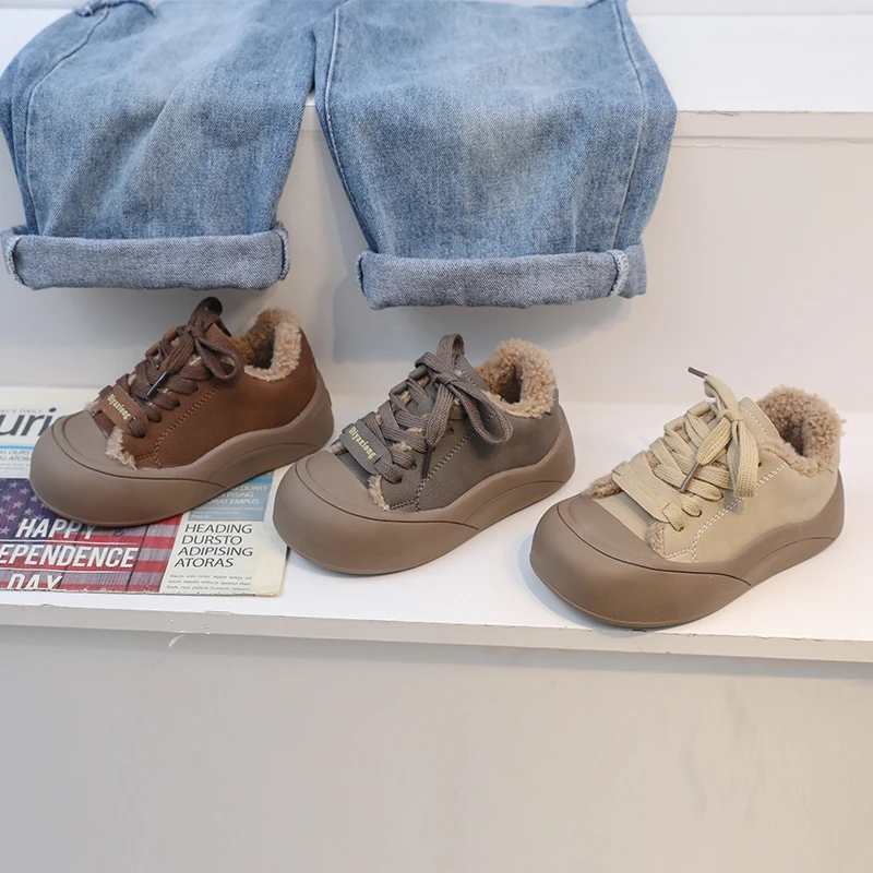 

Plush Lining Casual Shoes for Boys Girls 2025 New Winter Toddler Walking Shoes Soft Sole Versatile Retro School Outdoor Trainers