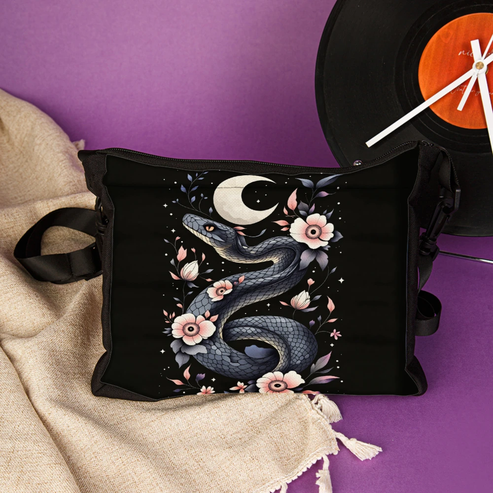 1pc Snake And Moon Floral Print Crossbody Bag Black Shoulder Bags For Women Fashion Artistic Design With Adjustable Strap Perfec