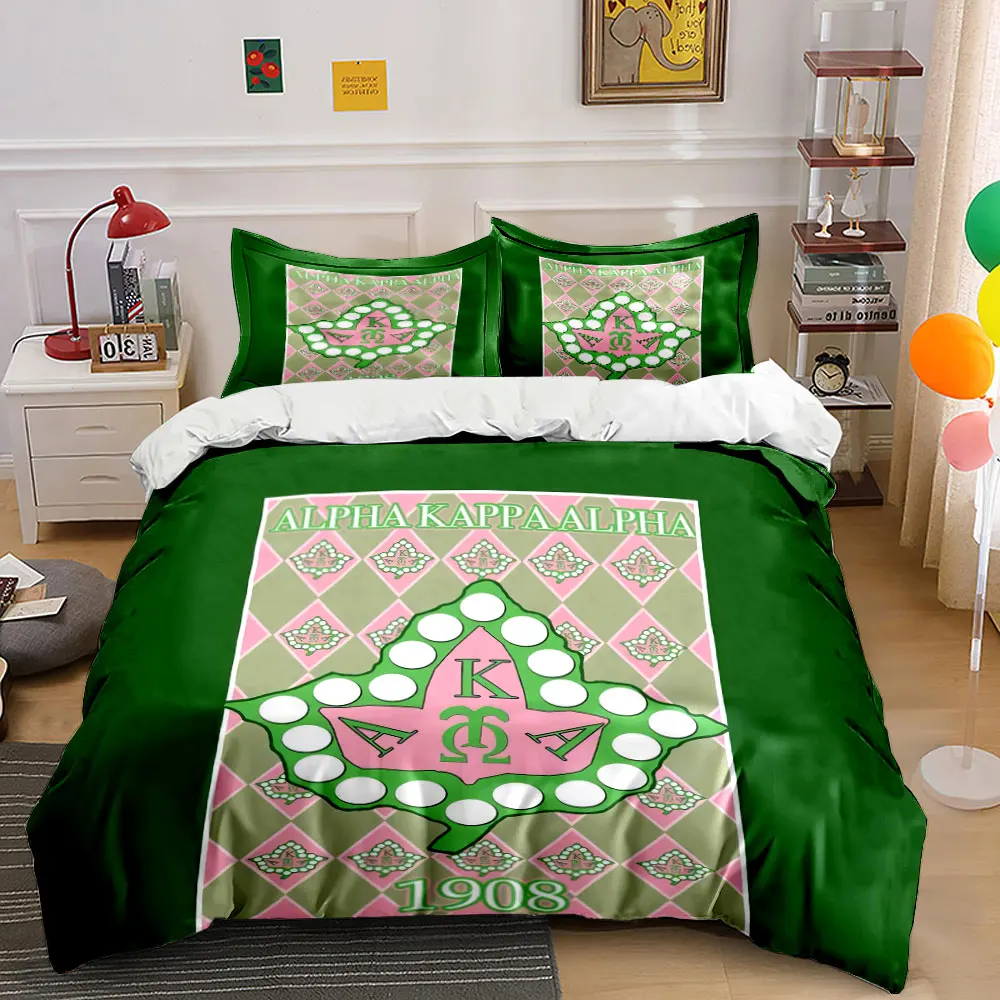 3Pcs AKA Sorority Leaf Diamond Bedding Set, Pink Green Greek Fraternity Print Duvet Cover 2 Pillowcases Single Double, Gift