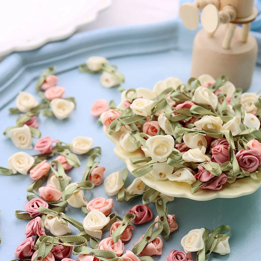100Pcs Mini Rose Flowers Heads Patch Make Satin Appliques Handmade DIY Sewing Crafts For Wedding Decoration Accessories