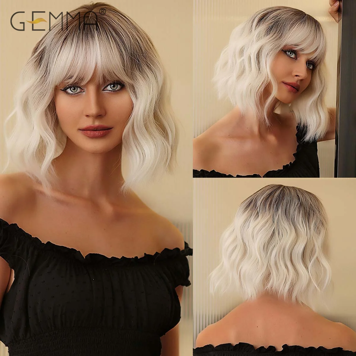 Pelucas rubias fra para mujer, pelucas rectas sintéticas, peluca de pelo rubio liso Bob largo con flequillo lateral para mujer gorro de peluca - AliExprs 200165144