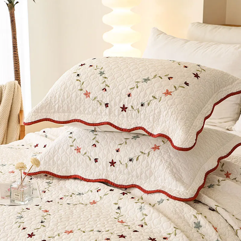 Luxury Embroidered Quilted Bedspread Set 3-PCS All-Season Lightweight Comforter 100% Cotton Reversible Quilt Elegant Home Decor