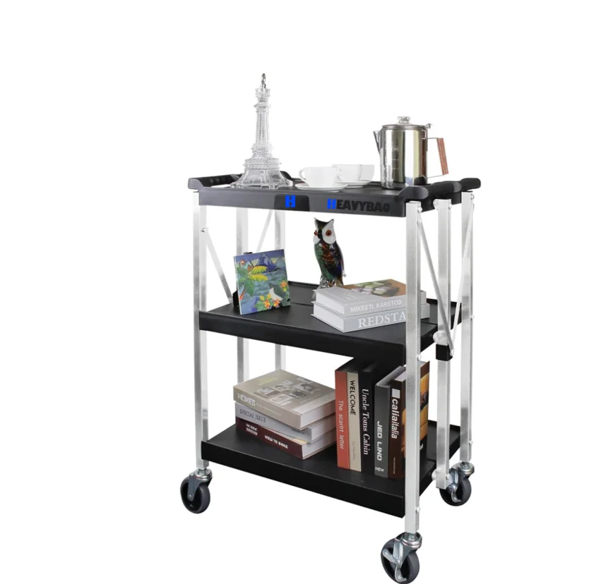 Heavybao Foldable Utility Service Cart 3-Tier Tool Cart For Restaurant Outdoor Storage And Transport With Stainless Steel Frame