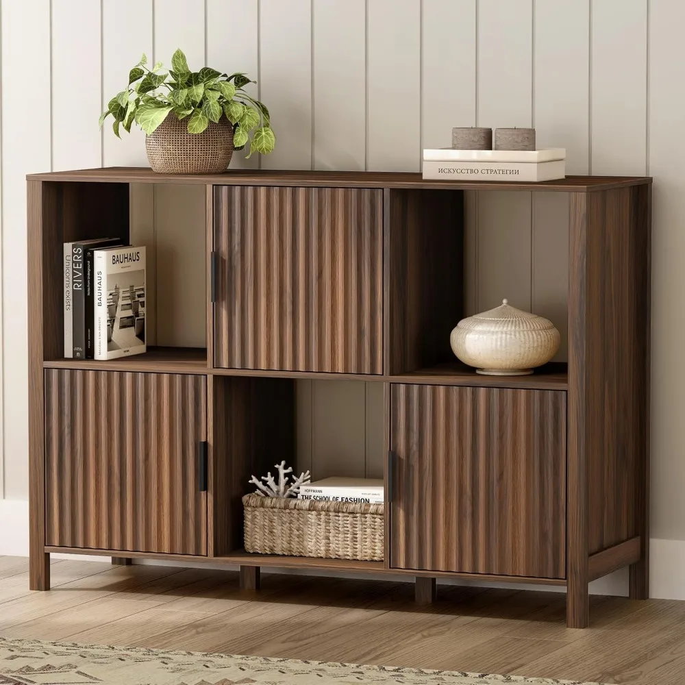 Modern Cube-Style Bookshelf with 3 Open Shelves and 3 Doored Cabinets for Home Storage
