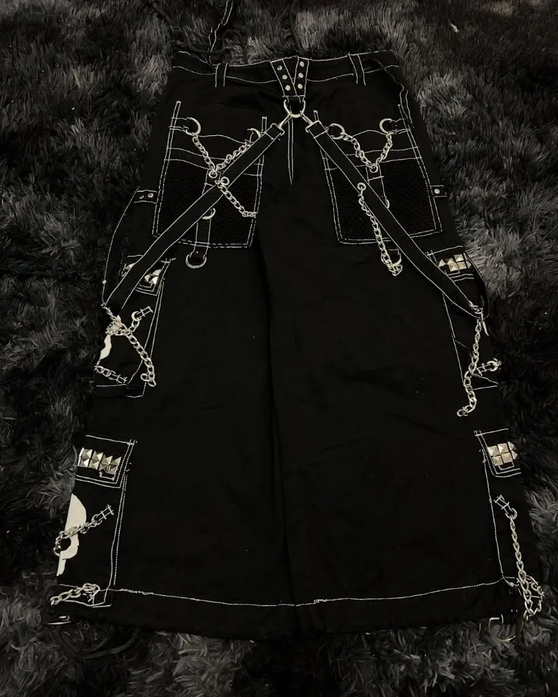 

Harajuku fashion New American high street chain skullbone design wide-leg pants retro Y2K trendy men jeans rock punk loose pants
