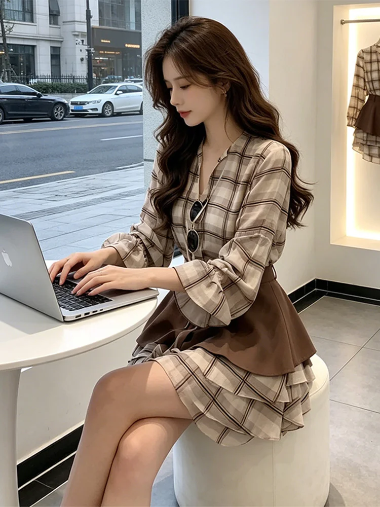 

Korean Style Unique Feminine Pleated Skirt Dress Women's Summer New Gentle Style Plaid Short Skirt Loose Fit High Waist A-Line