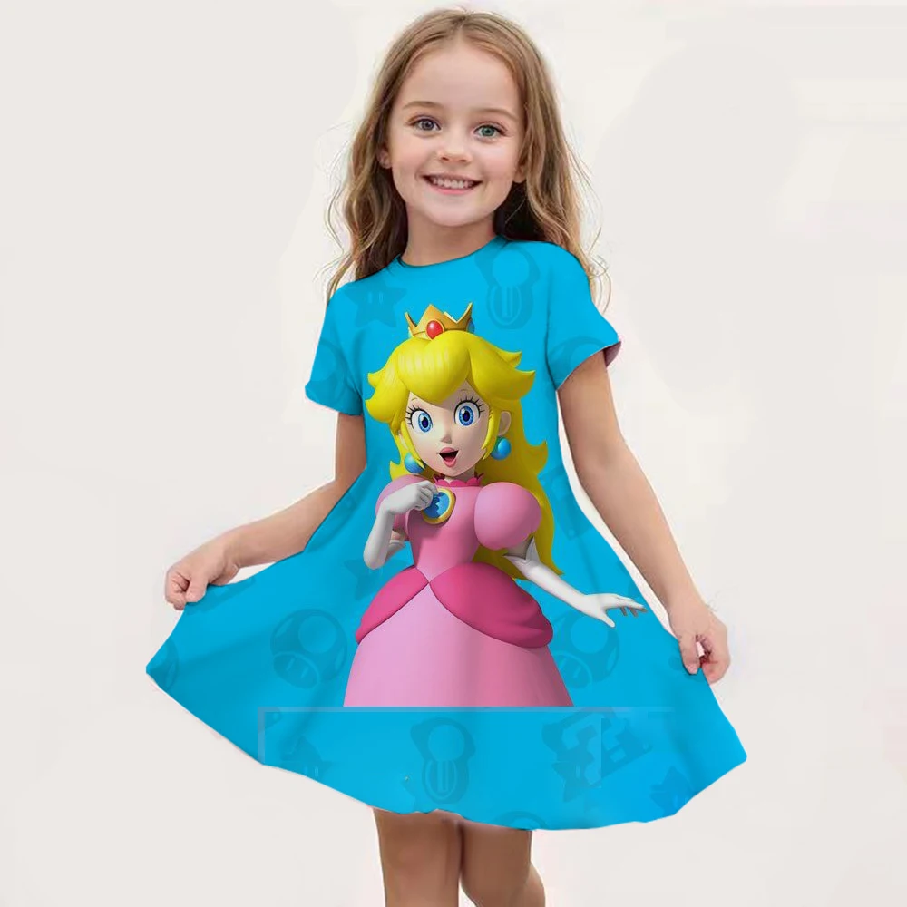 Peach Princess print Summer Girls Skirt Short Sleeved Dress 3d Printed Cartoon Princess Cute Children's Fashion Party Trend Top