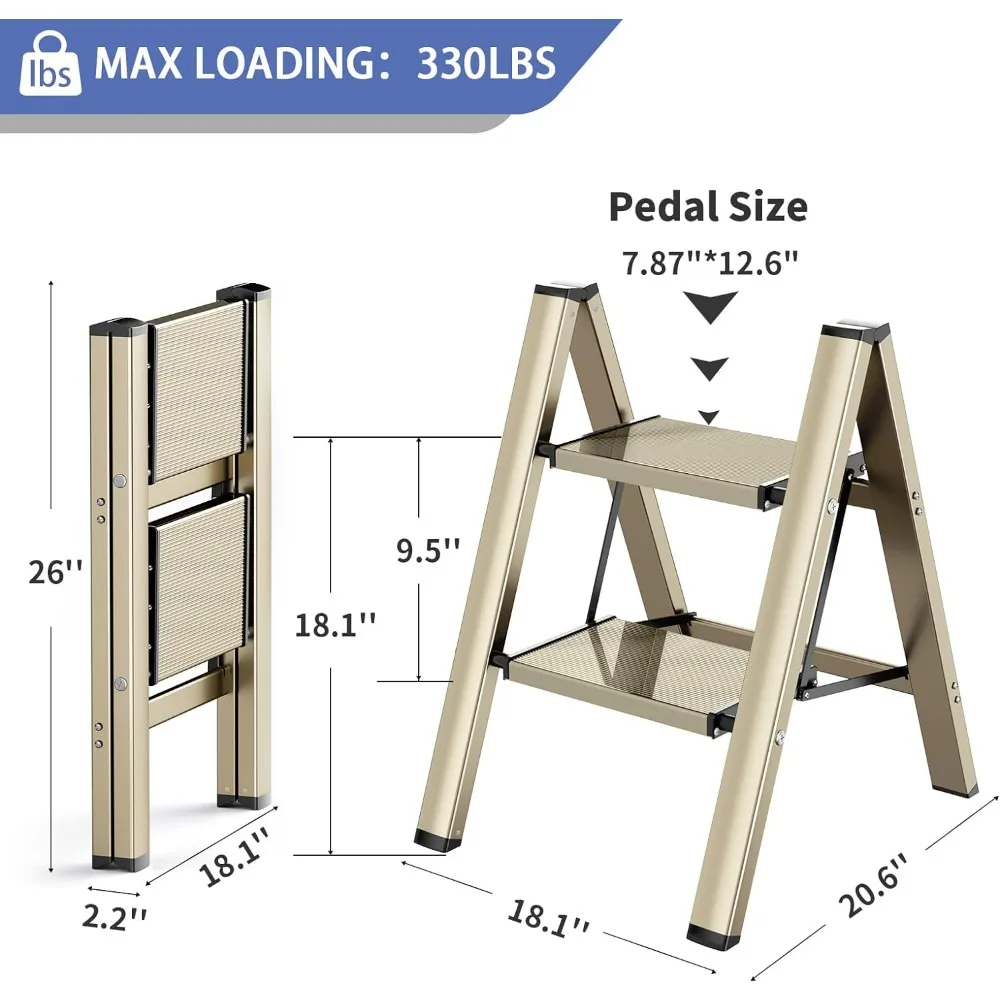 Step Stool for 2 Step, Fold Step Stool with Aluminum Wide Pedal & Convenient Handgrip, Pass 330lbs Load Testing, Folding Ladder