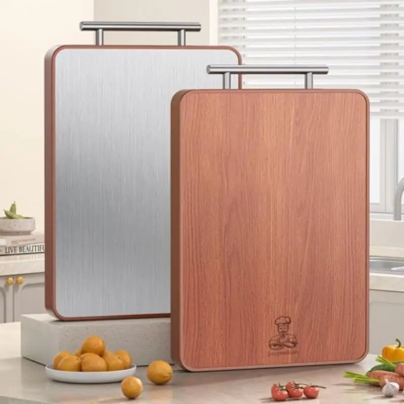 Double Sided Cutting Board Wood And Stainless Steel  Mildew Resistant Chopping Board With Handle For Home Kitchen