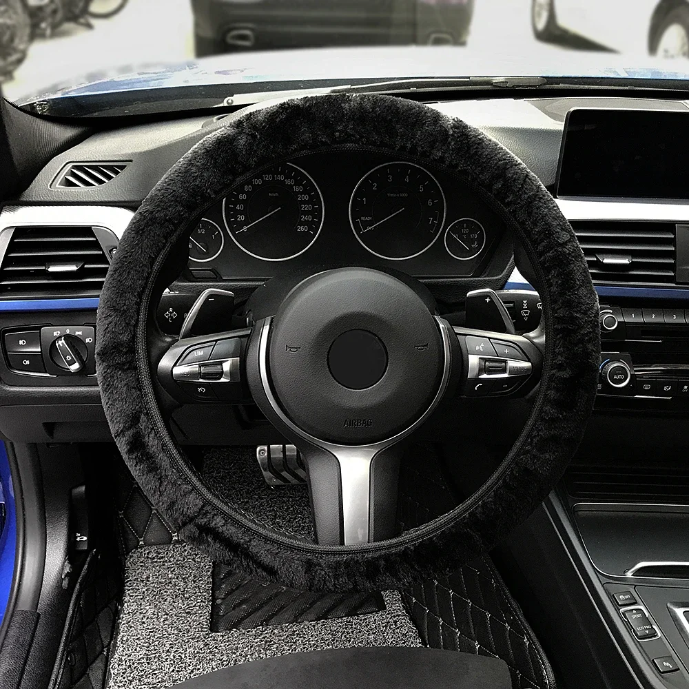 38cm Premium Soft Short Fur Car Steering Wheel Cover High-density Warm Plush Winter Steering Wheel Protector Cover Accessories