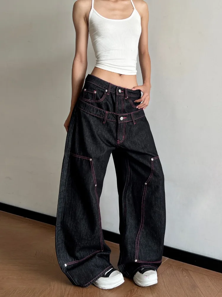 Women's Double Waist Design Jeans 90s Wide-leg Unisex Pants Cool Girl Bottoms Baggy Trousers Female High Waist Sweatpants