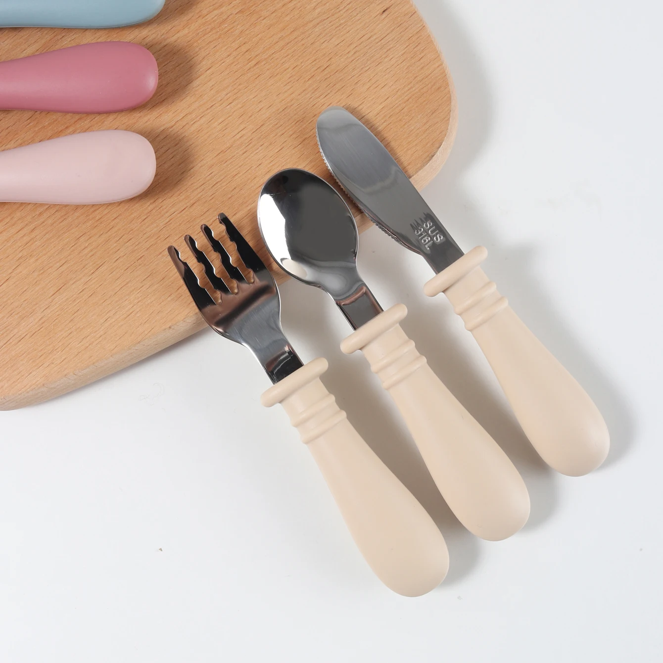 

3pcs/set 316L Stainless Steel Baby Cutlery Set with Silicone Handle, Toddler Fork Knife Spoon for Self Feeding