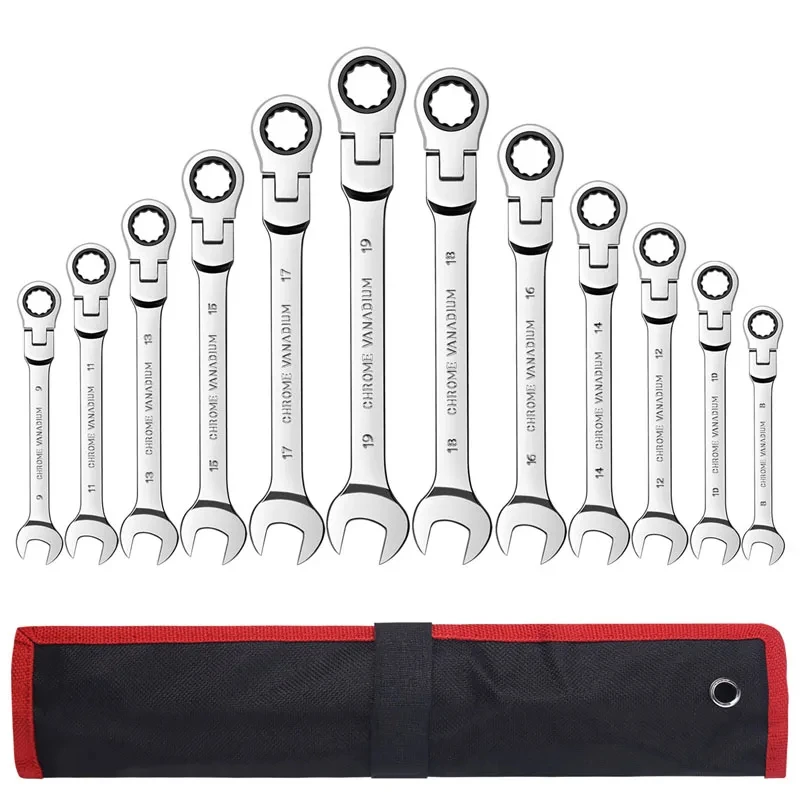 Flex Head Ratcheting Wrench Set,Combination Ended Spanner kits, Chrome Vanadium Steel Hand Tools Socket Key Ratchet Wrench set