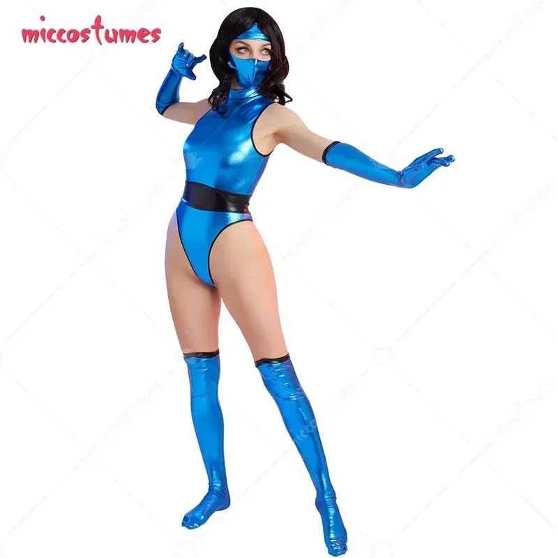 Miccostumes Women's Blue Purple Green Ninja Suit Bodysuit Cosplay Costume with Fce Covering and Gloves for Halloween