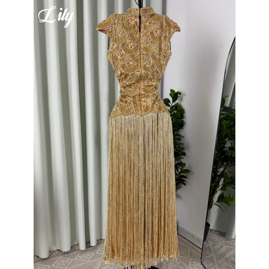 Lily Luxury Beaded Tassel Prom Dress Golden High Neck Evening Gown With Handmade Rhinestone Beaded Fringe Party Dress Customized image 4