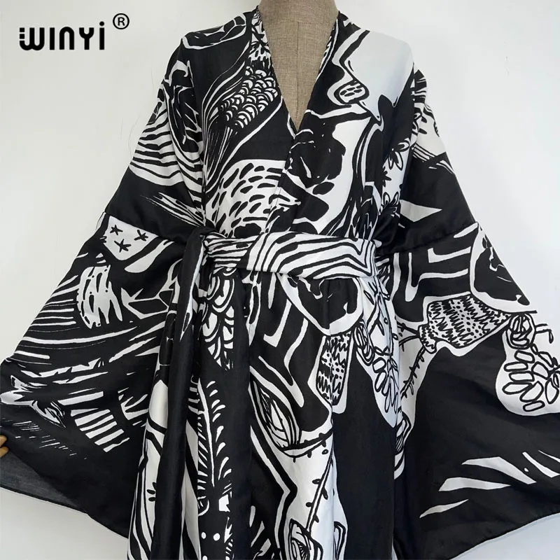 WINYI 2023 Bikini Cover-ups Fashion printing Self Belted Women Summer Clothing Kimono party Dress Beach Wear Swim Suit Cover Up