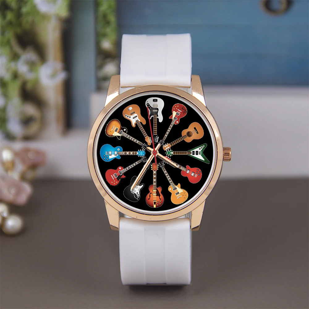 Orologio da uomo con quadrante da 45/38 mm di diametro per chitarra, movimento al quarzo universale, orologi, cinturino in pelle, acciaio inossidabile, silicone, oro rosa