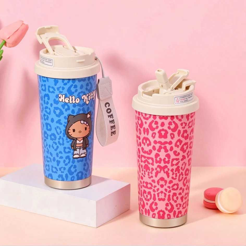 Hello Kitty Leopard Print 316 Stainless Steel Insulated Tumbler 2-in-1 Coffee Mug With Straw Car Cup For Women