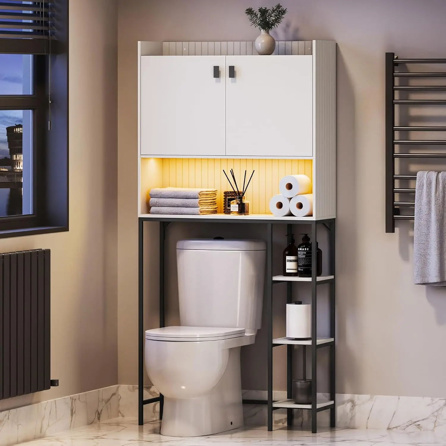 Over The Toilet Storage Cabinet with LED Light, Freestanding Above Toilet Rack with Adjustable Shelf, Bathroom Space Savers