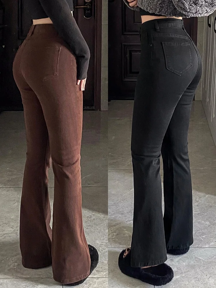 

Fleece Lined Flared Jeans High Waist Wide Leg Bootcut Denim Pants Thickened Spring Autumn plus Size Women's Casual Trousers