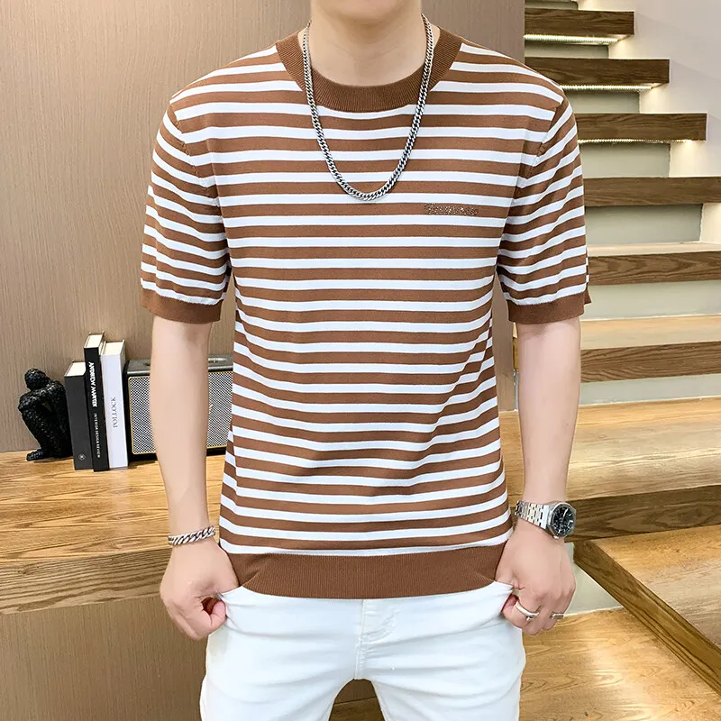 Knitted Striped Round Neck Ice Silk Short SleevetTrendy Men's Casual Half-Sleeve T-Shirt New Style