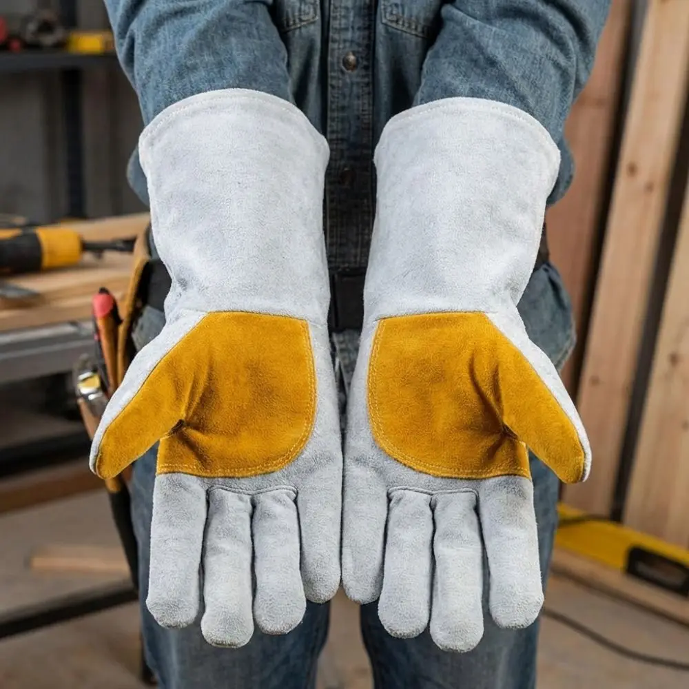 

Soft Leather Heat Resistant Gloves Cowhide Durable Thick Welding Gloves Stretchable Wrist Heat Insulation Leather Gloves