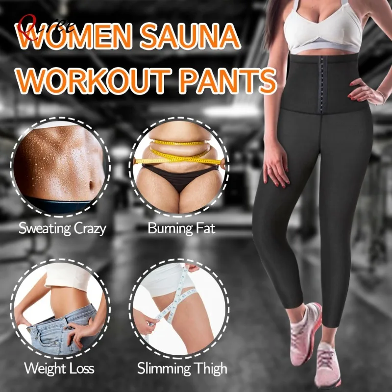 Qtree Sauna Sweat Shorts for Women High Waisted Hot Thermo Waist Trainer Slimming Leggings Trimmer Pants Body Shaper with Hooks