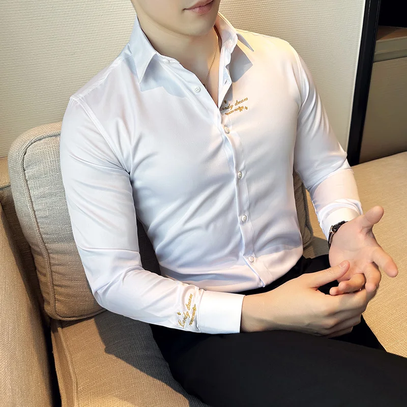 New Korean Slim Fit Embroidery Shirts Men Long Sleeve Casual Business Office Social Party Shirt Tops Men Clothing 4XL-M