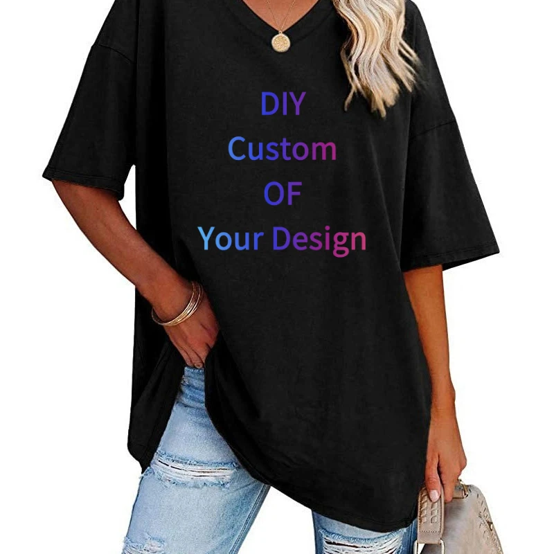 Customized Printed Photo or Logo Loose Women's Cotton V-neck Sweater Waist-cinched Spring Summer New Slim Cross-bonded Svelte Fe